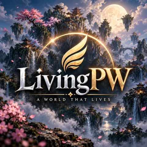 LivingPW wordmark and gold feather above floating mountains.